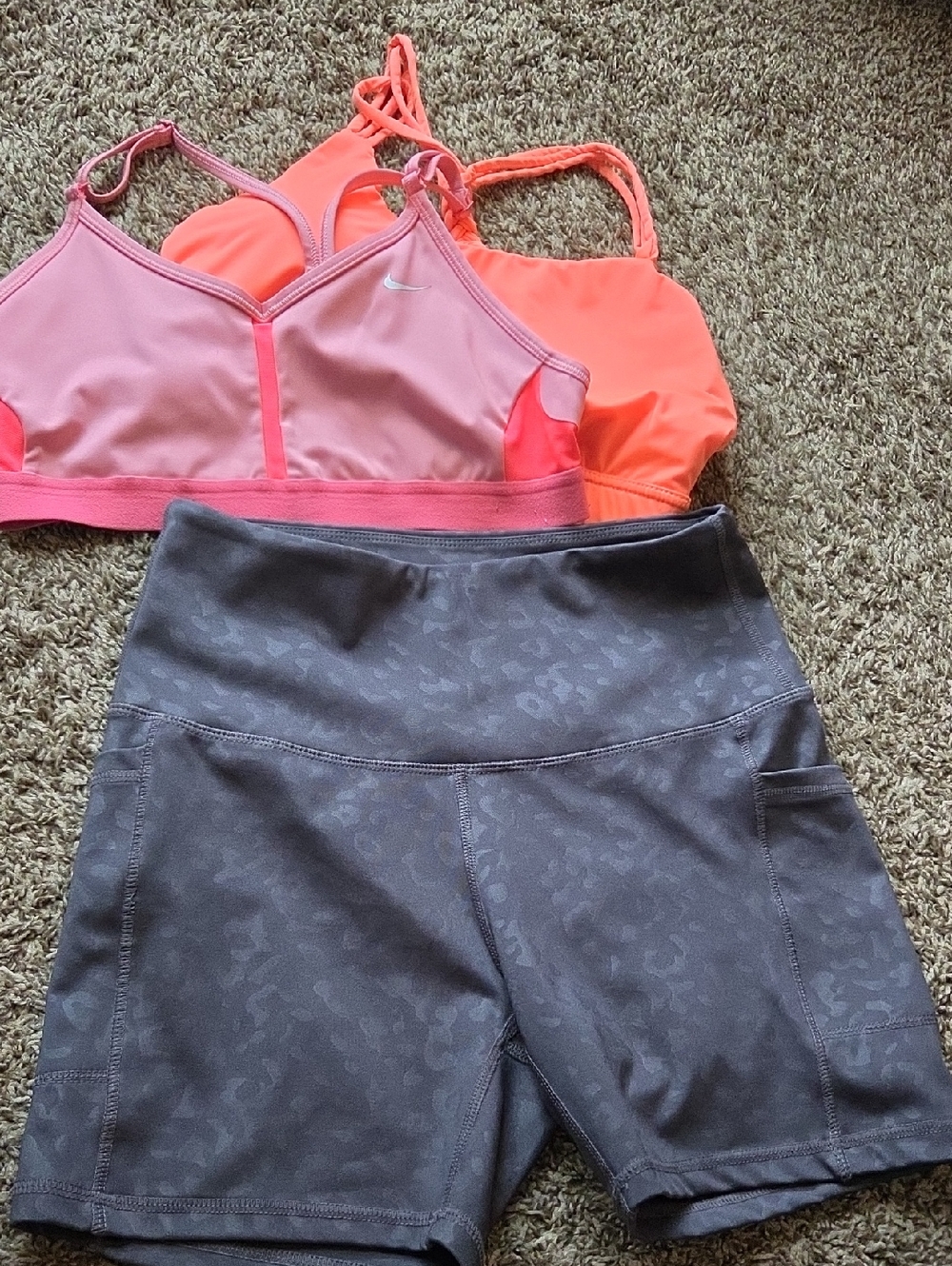 Nike Pink Sports Bra, Orange Sports Bra & Gray Leopard Bike Shorts